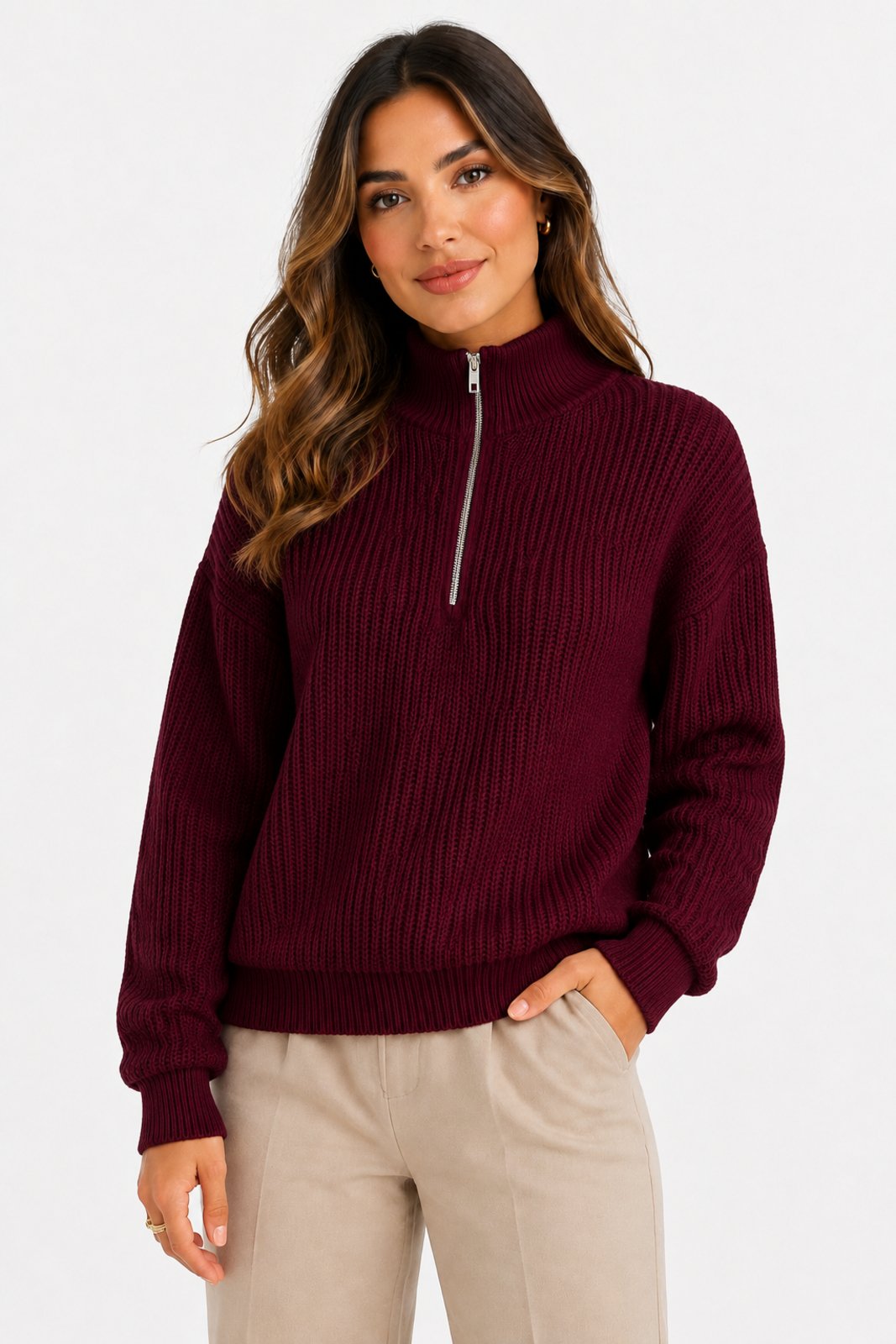 Blusa Tricôt D Bell Outlet Fashion Gola Alta Zíper Vinho