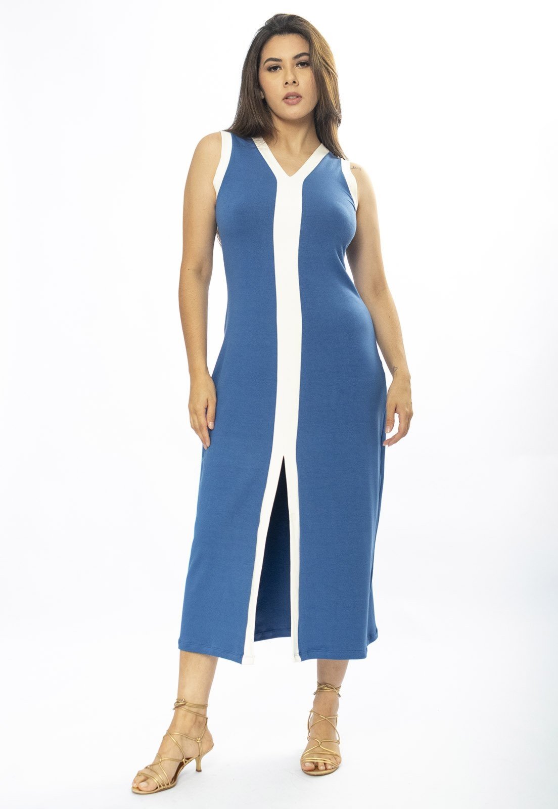 Vista 2 Vestido Midi Amazônia Vital Fenda Frontal Color Block Azul Bic Amazonia Vital off-white azul