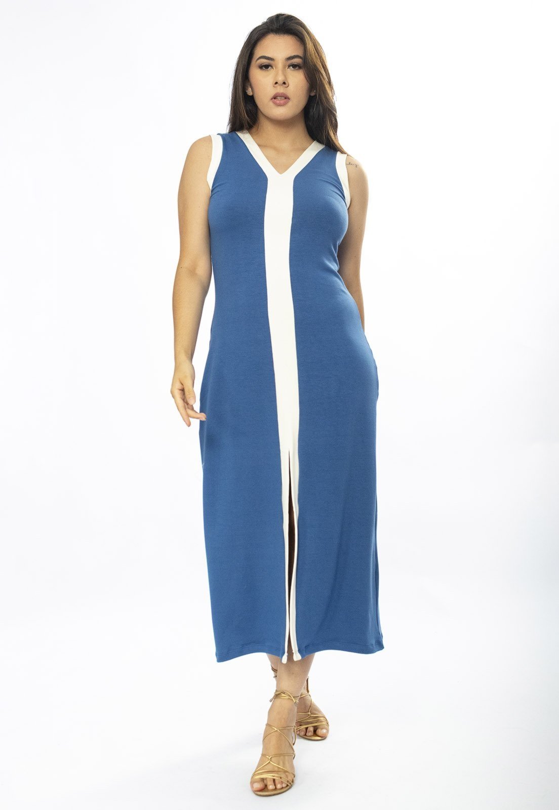 Vista 3 Vestido Midi Amazônia Vital Fenda Frontal Color Block Azul Bic Amazonia Vital off-white azul