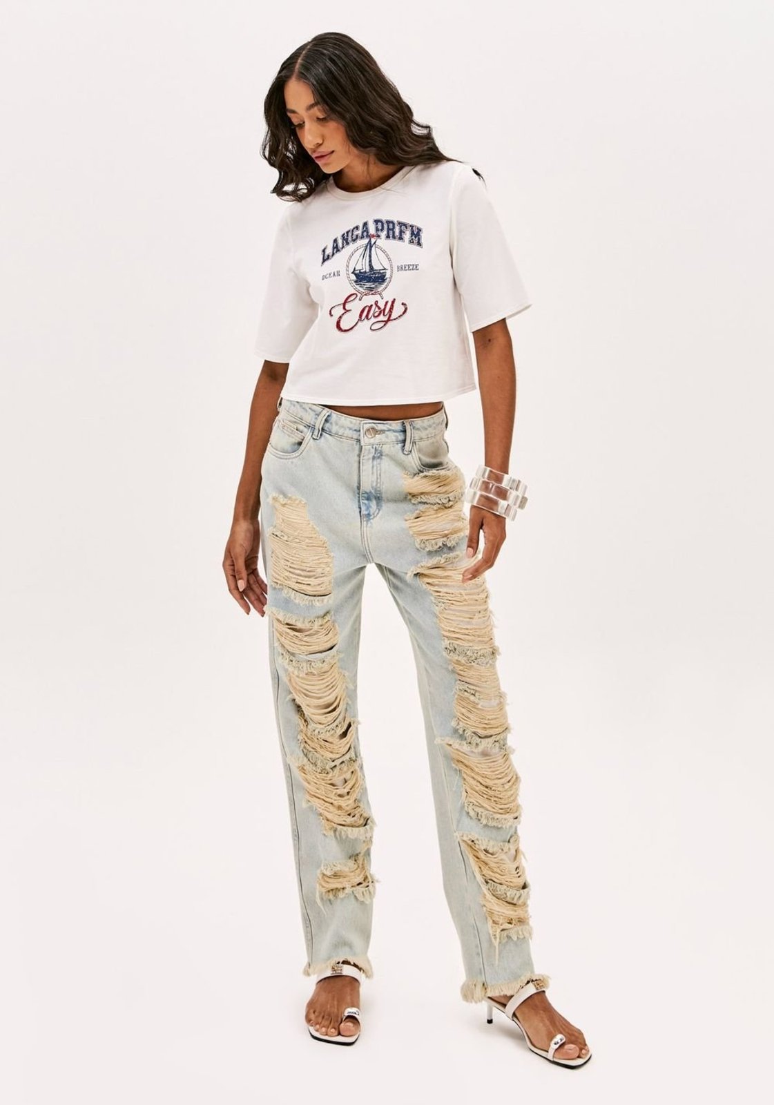 Calça Jeans Boyfriend Cintura Alta Barras Desfiadas Sport Easy