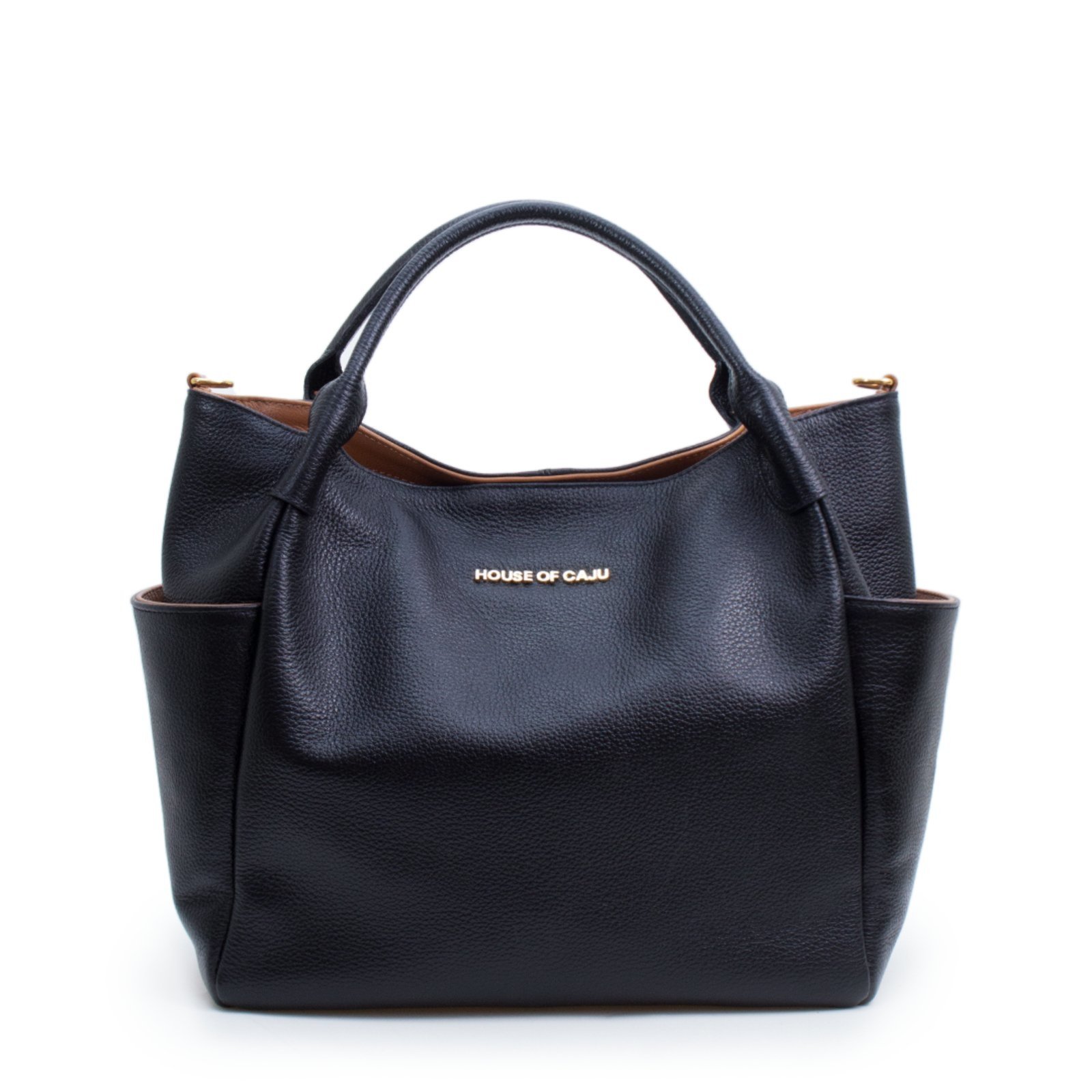 Bolsa Feminina Em Couro Alça de Mão Preta Com Caramelo “Lara Castro”