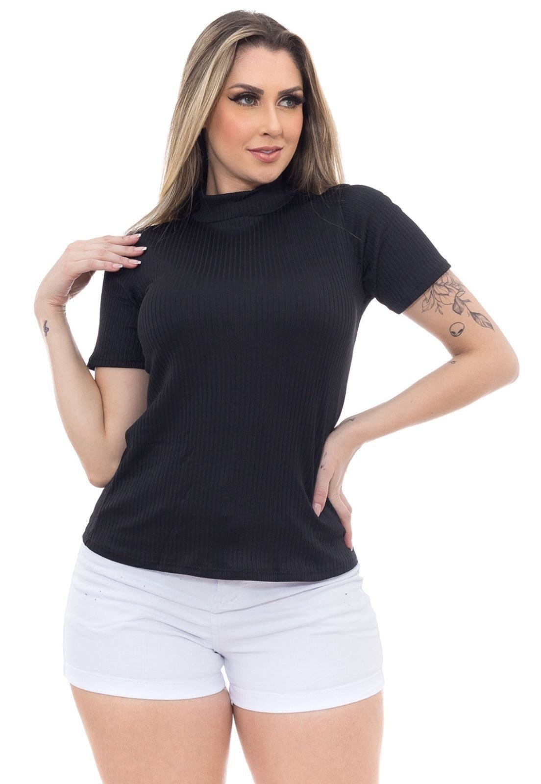 Blusa Feminina Canelada Premium Manga Curta Gola Alta – Preto