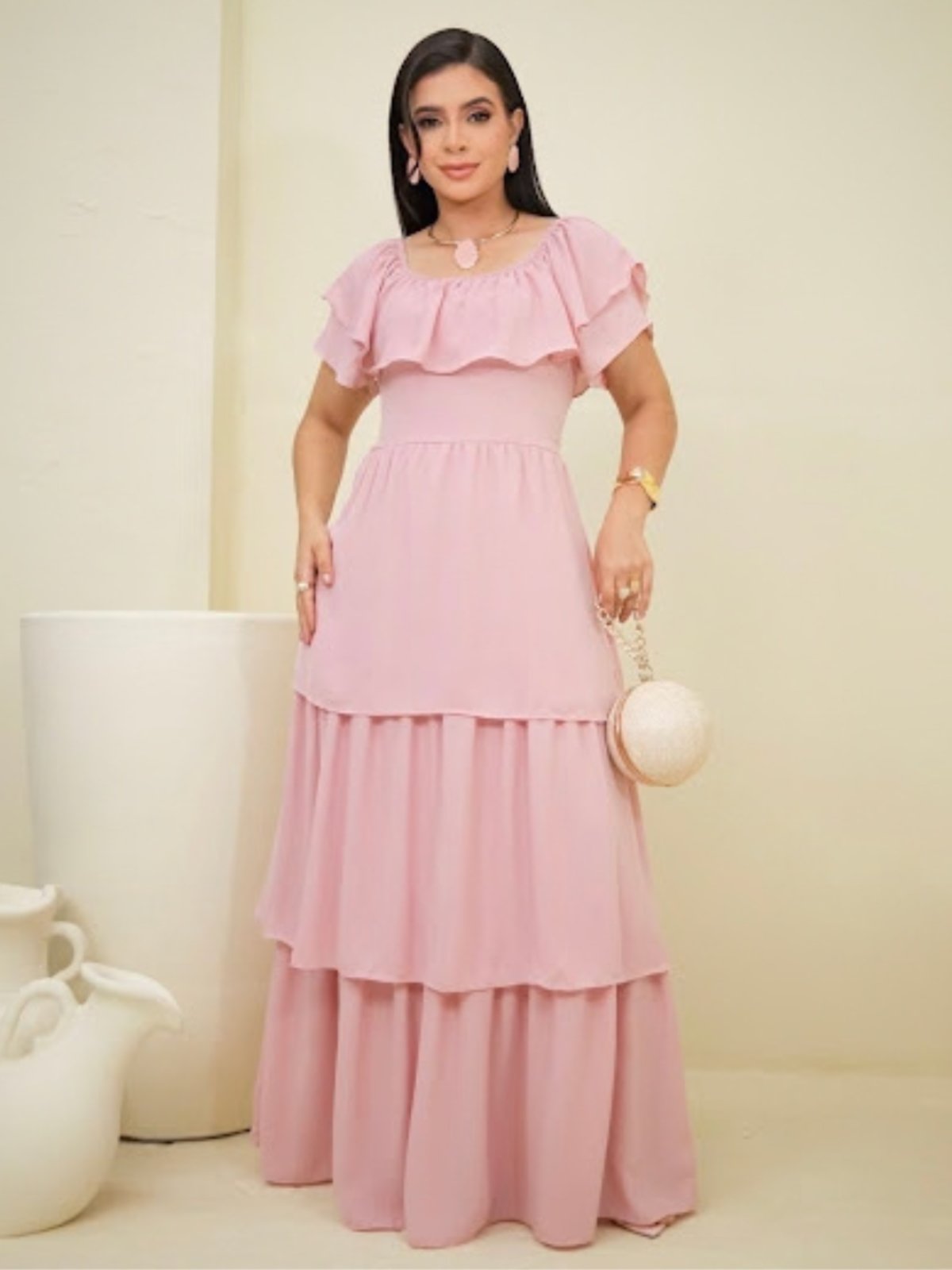 Vestido Longo Feminino Evangélico Elegante com Babados Rosa