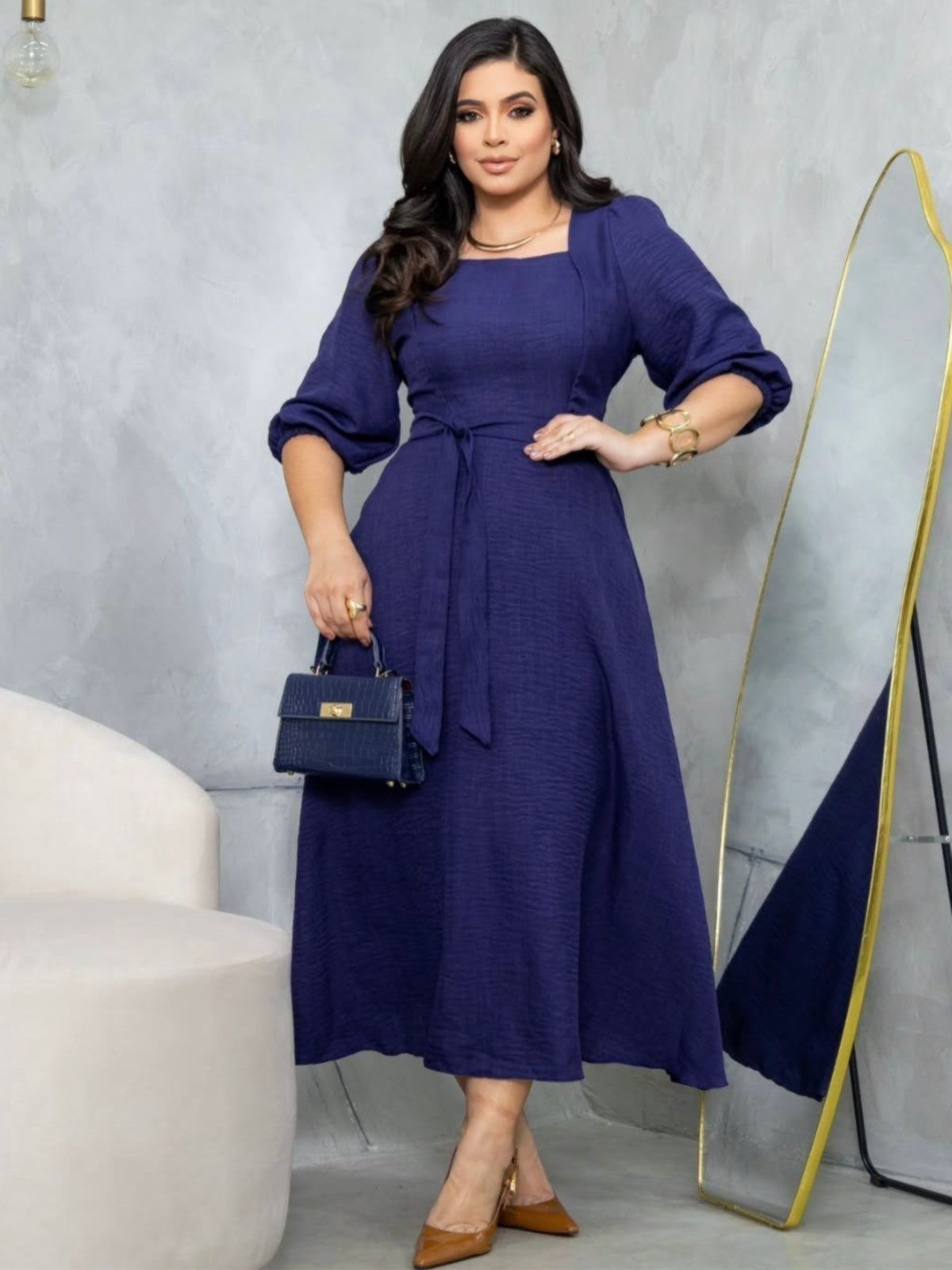 Vestido Midi Soltinho Manga 3/4 Elegante Social Moda Evangélica Azul Marinho