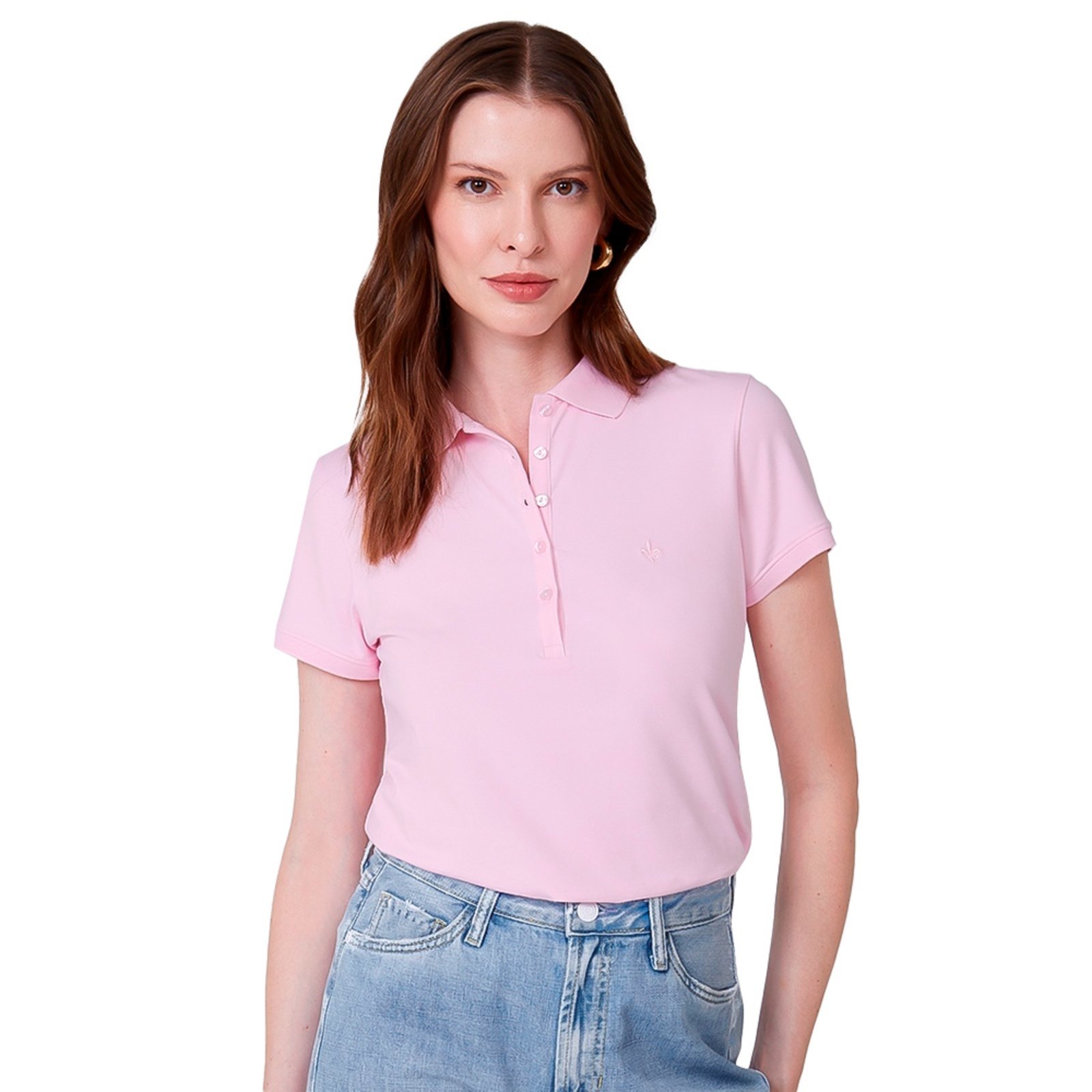 Camisa Polo Dudalina Decote V OU24 Rosa Claro Feminino