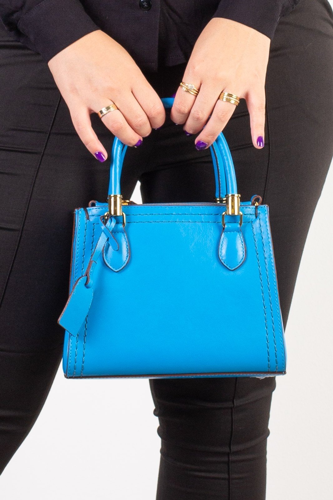 Mini bolsa baú de couro liso Andy - Azul