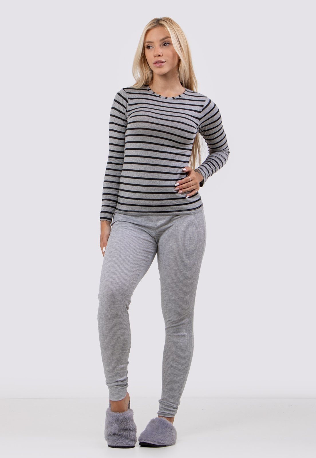 Pijama Linha Noite Calça Jogger Moletom Diluxo Listrado Cinza