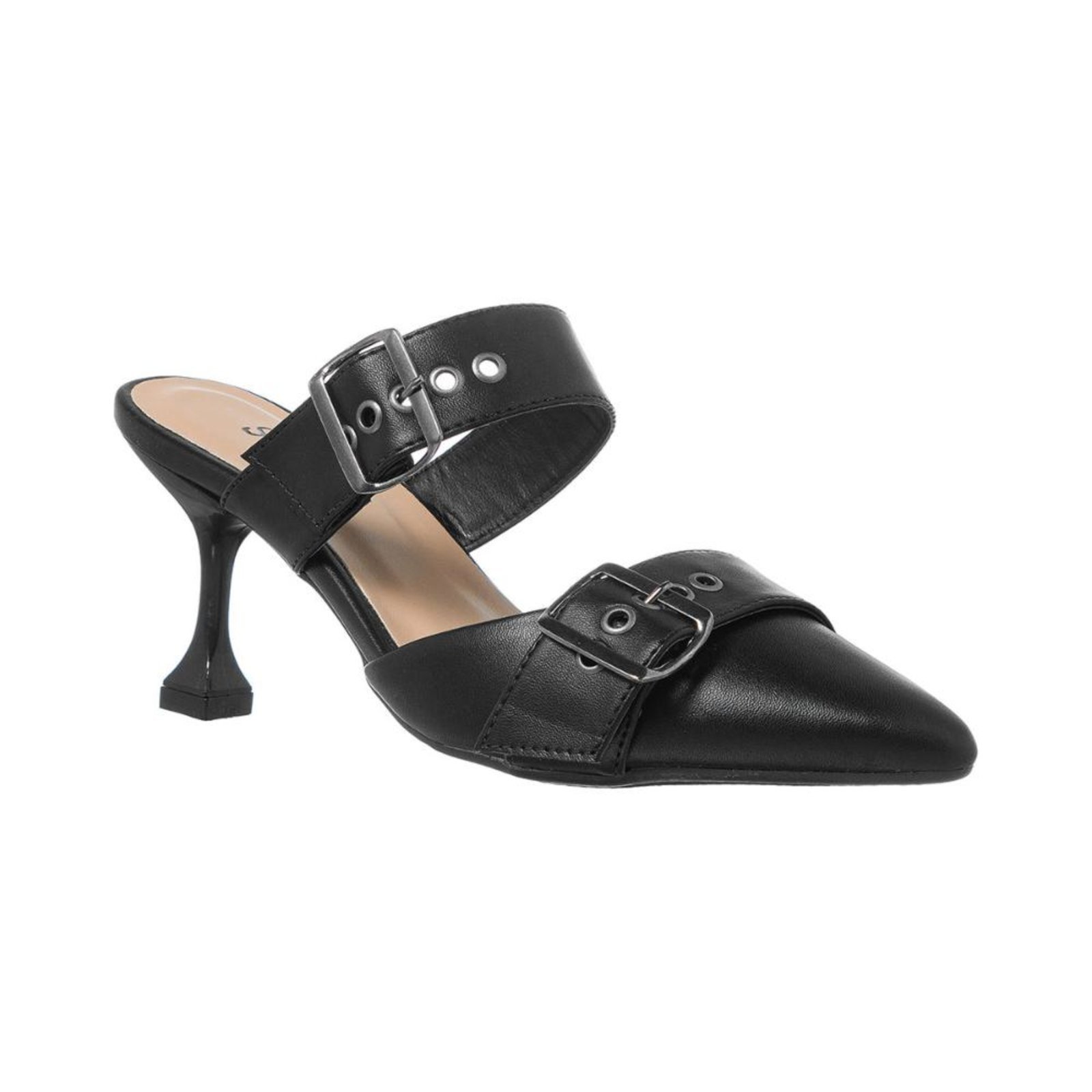 Scarpin Feminino Mule Bico Fino Salto Taça Fivelas Ajustável Preto