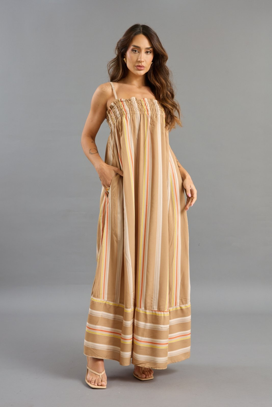 Vestido Longo Casual Chic Bege em Viscose Lemier Collection
