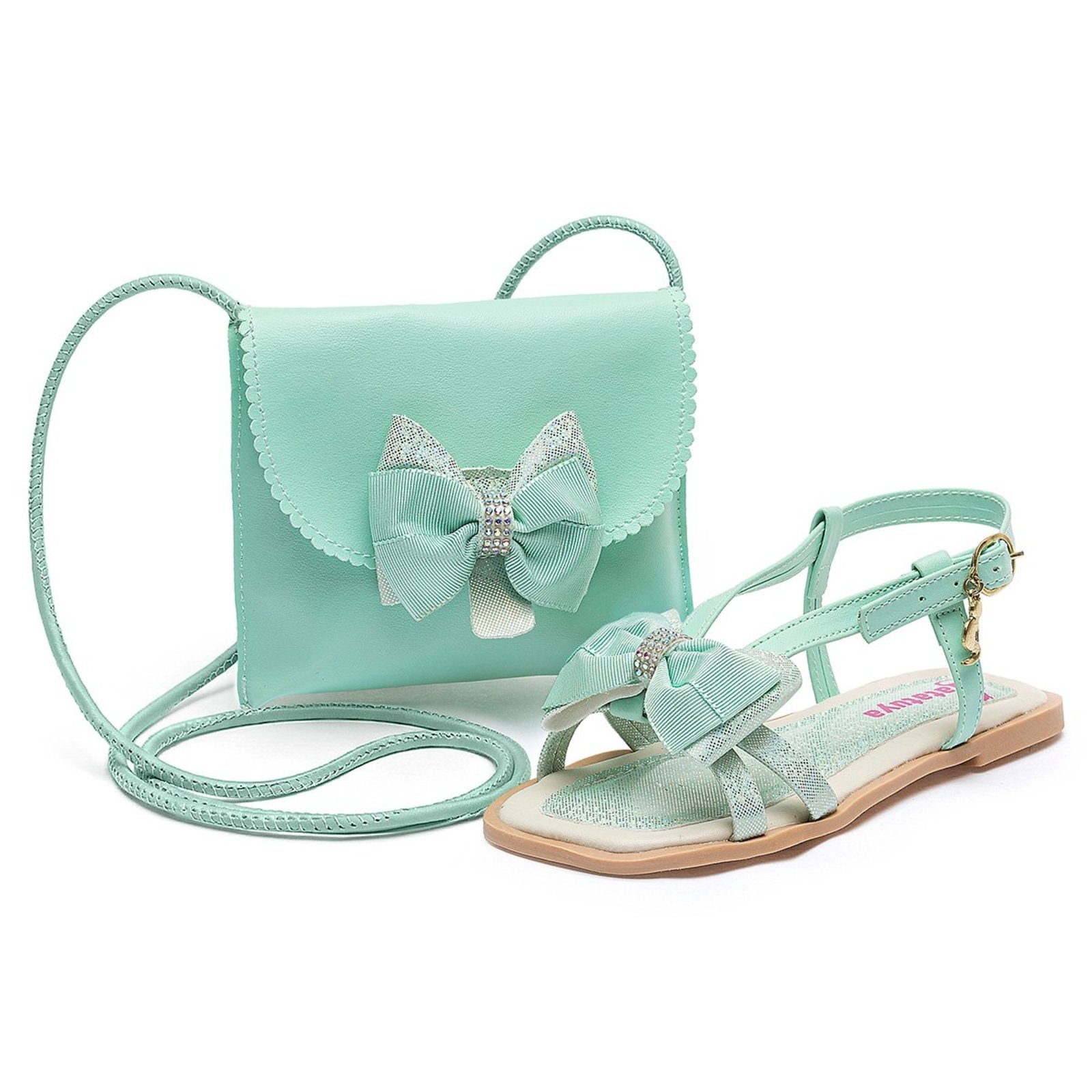Infantil - Kit Sandália Rasteirinha Feminina com Bolsa Verde Laço Brilho Mzkid