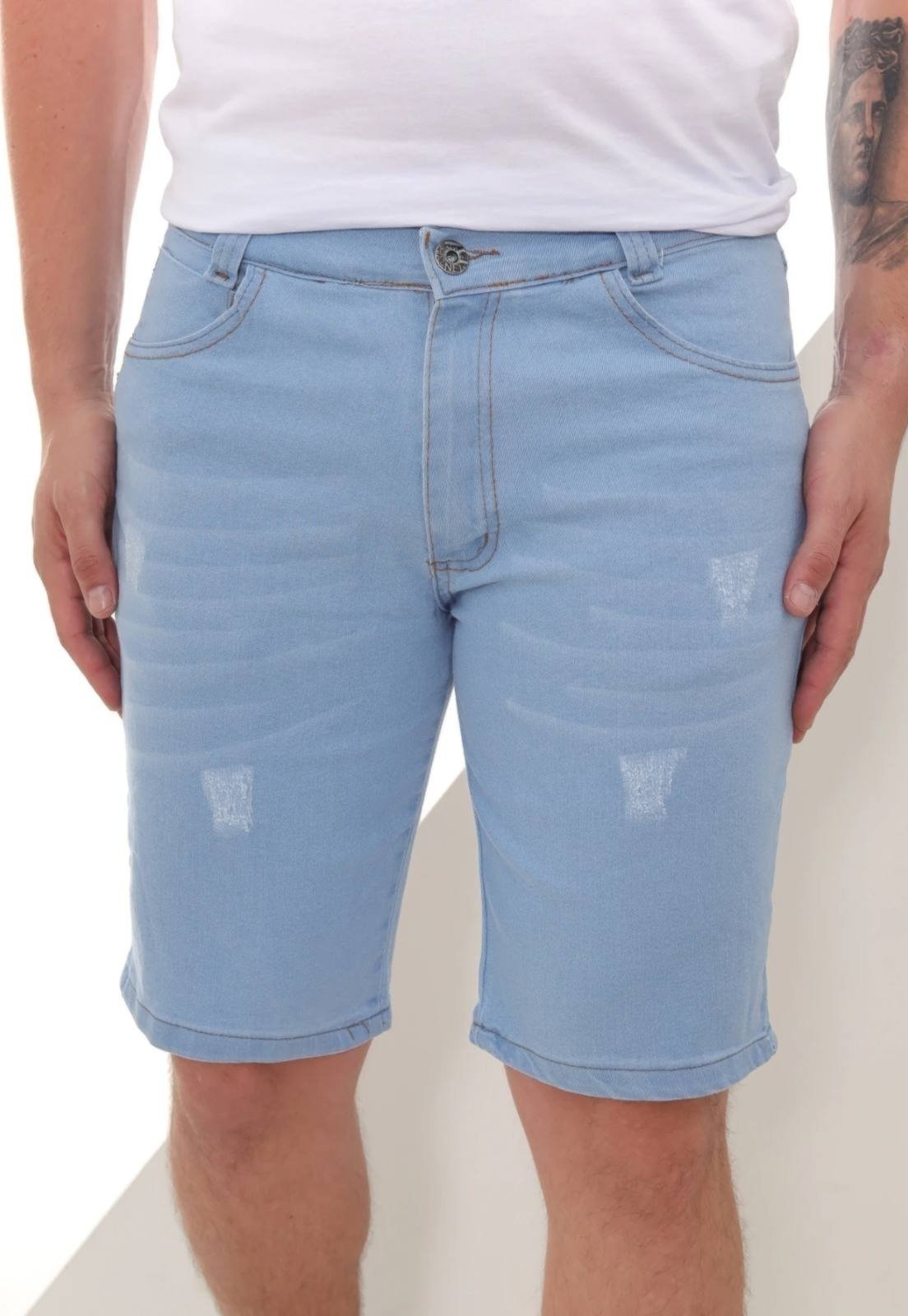 Bermuda Masculina Tempo Hábil Jeans Puídos Premium Casual Azul Claro