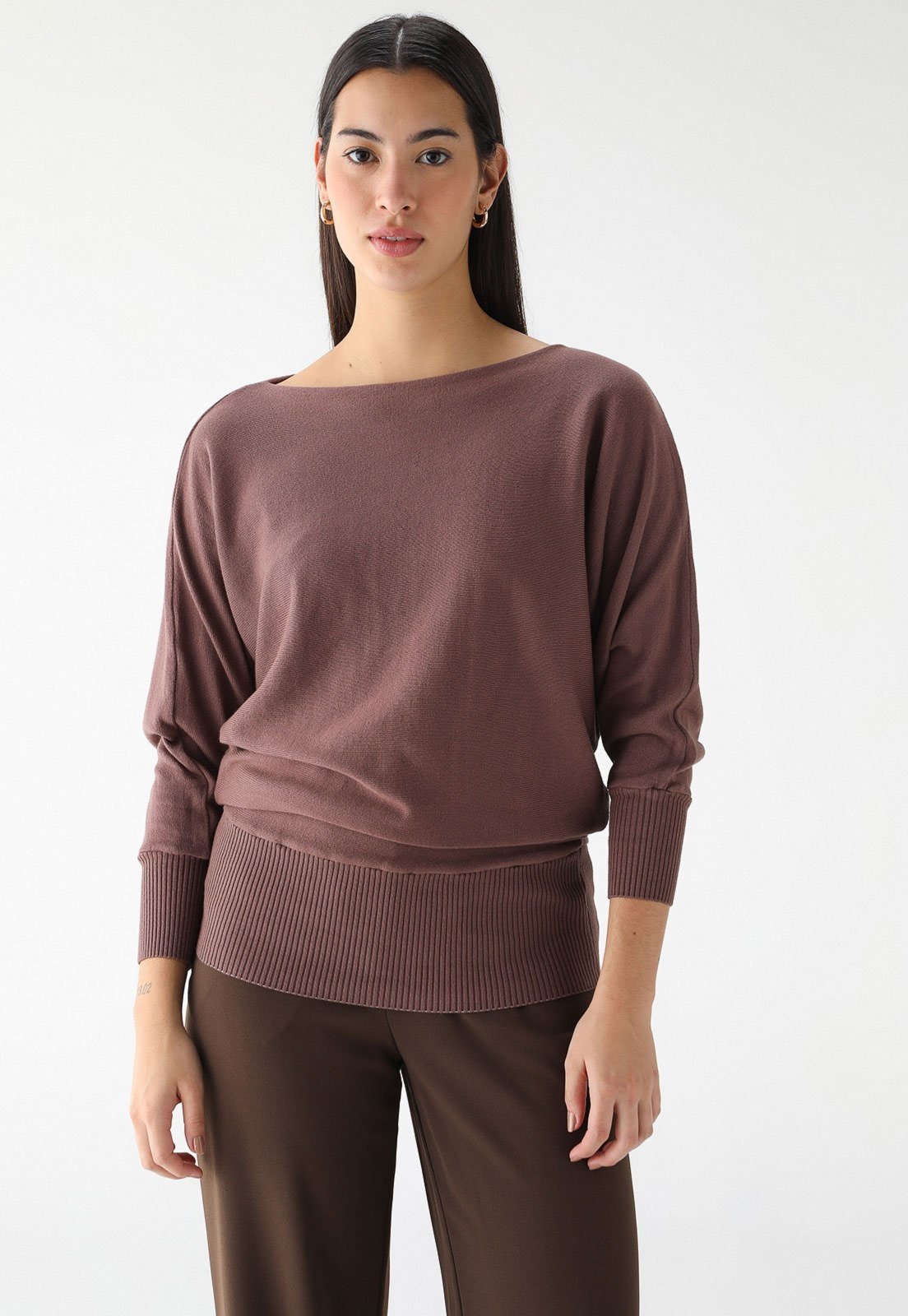Blusa Tricô Algodão Shirley Malhas Manga Morcego Marrom