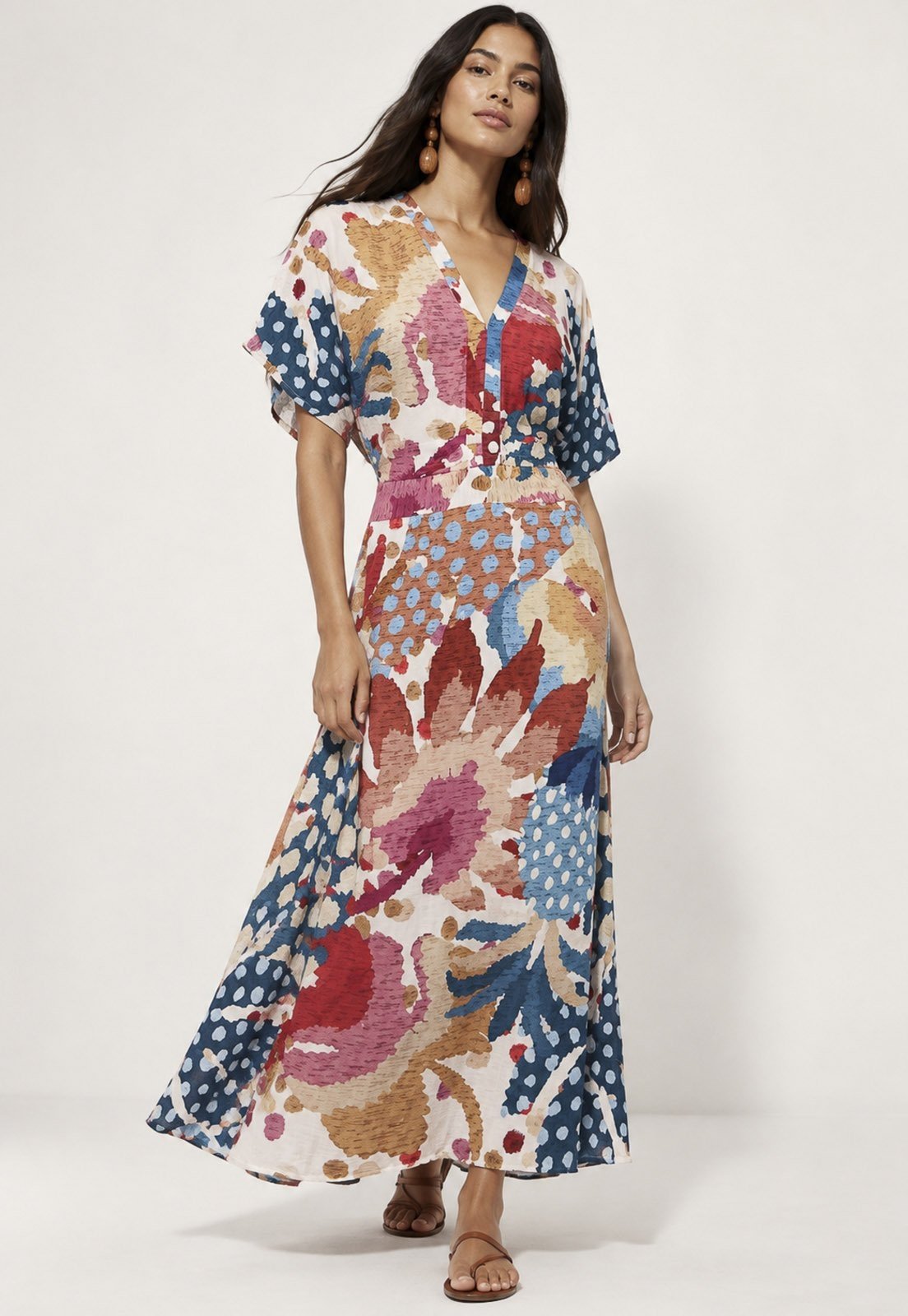 Vestido Amazonia Vital Midi Viscose Morcego Parati com Elástico Estampa Mosaico Botânico