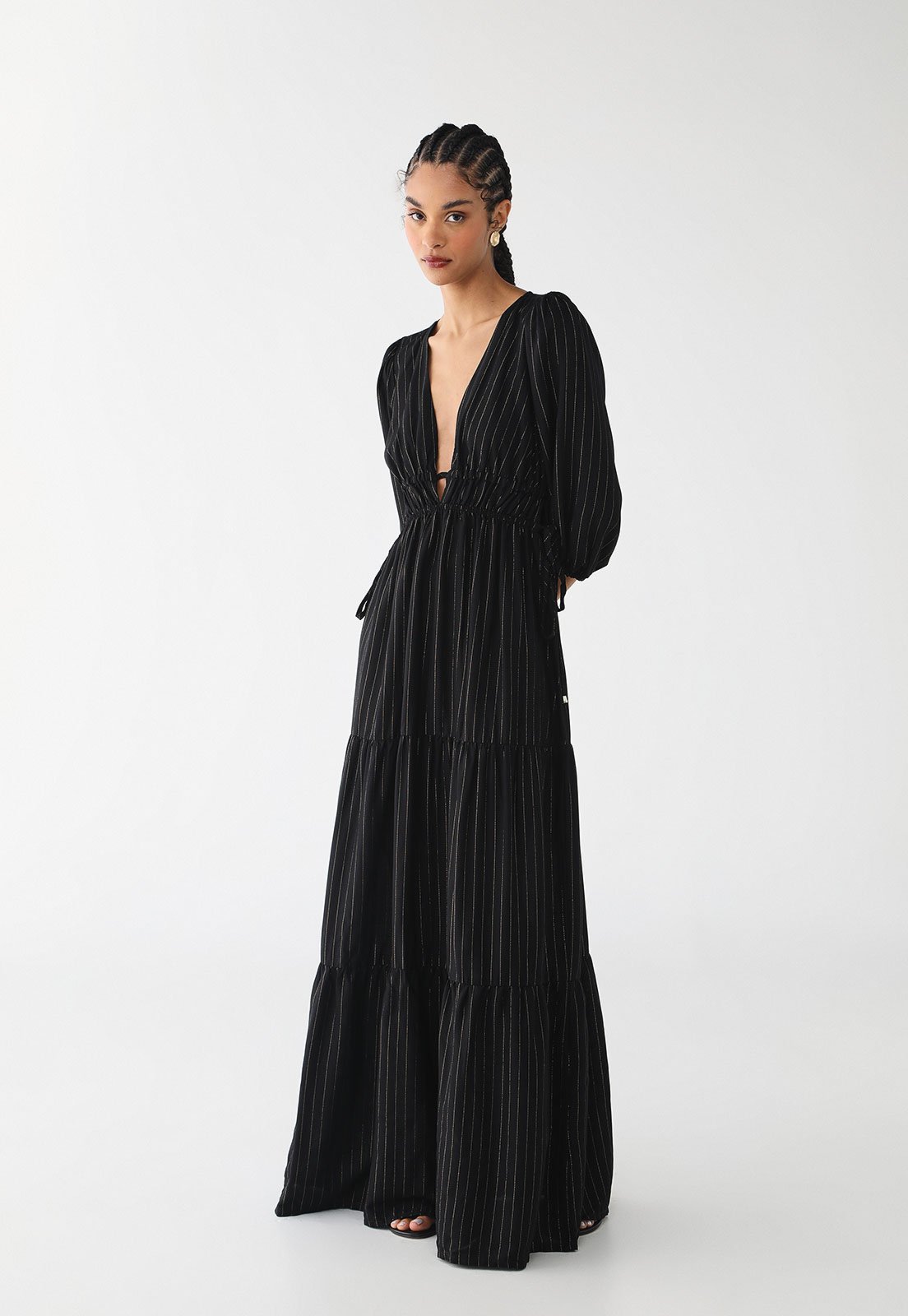 Vestido Longo Feminino CaCay Mangas Bufantes Decote V Preto