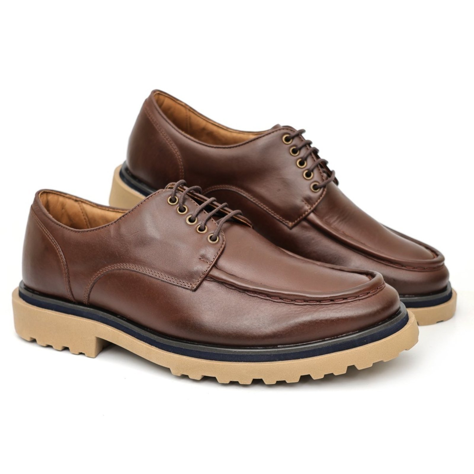 Sapato Casual Masculino Derby Oxford Tratorado Couro de Luxo Café