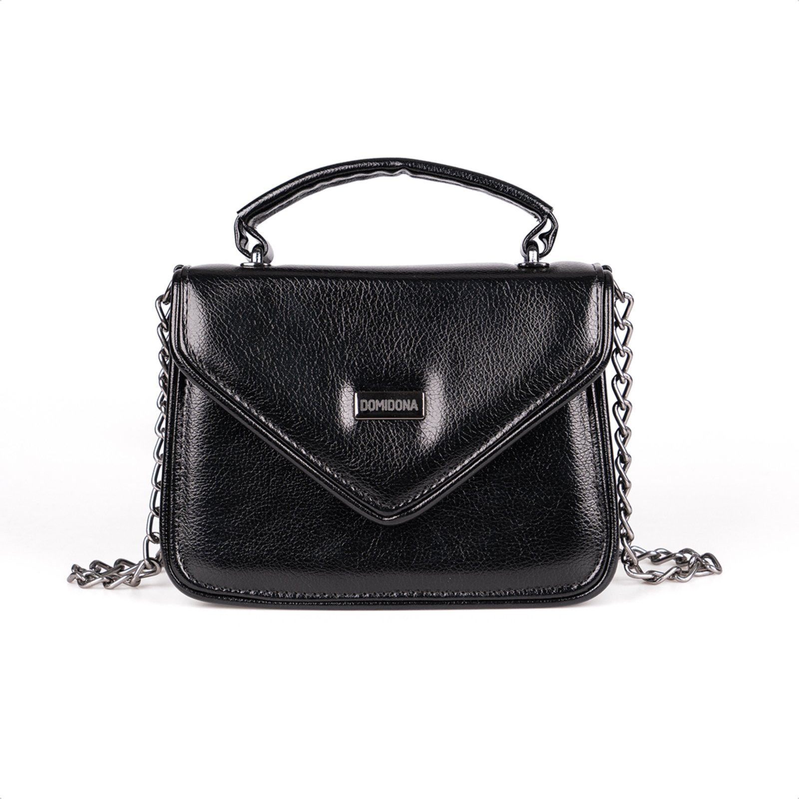 Bolsa Feminina Preto Domidona Tiracolo Metalizada Corrente Alça Ajustável