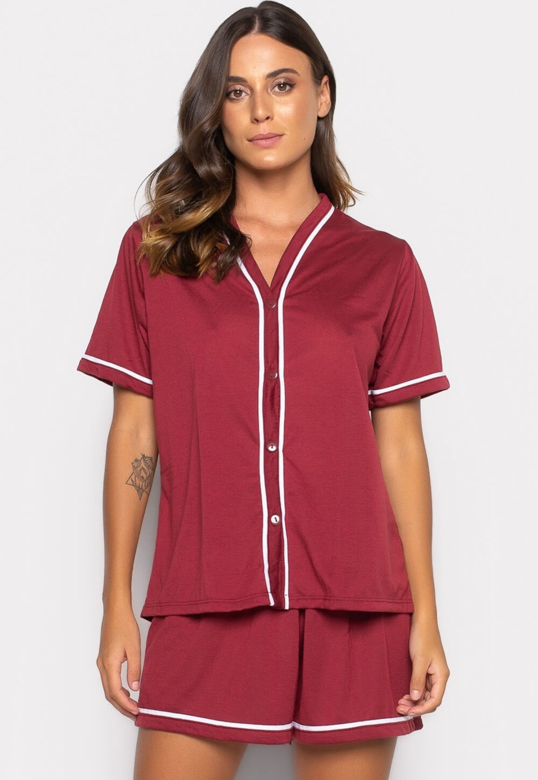 Pijama Mood Modas Curto Baby Doll Americano Blogueirinha Botão Adulto Amamentação 021 Vinho