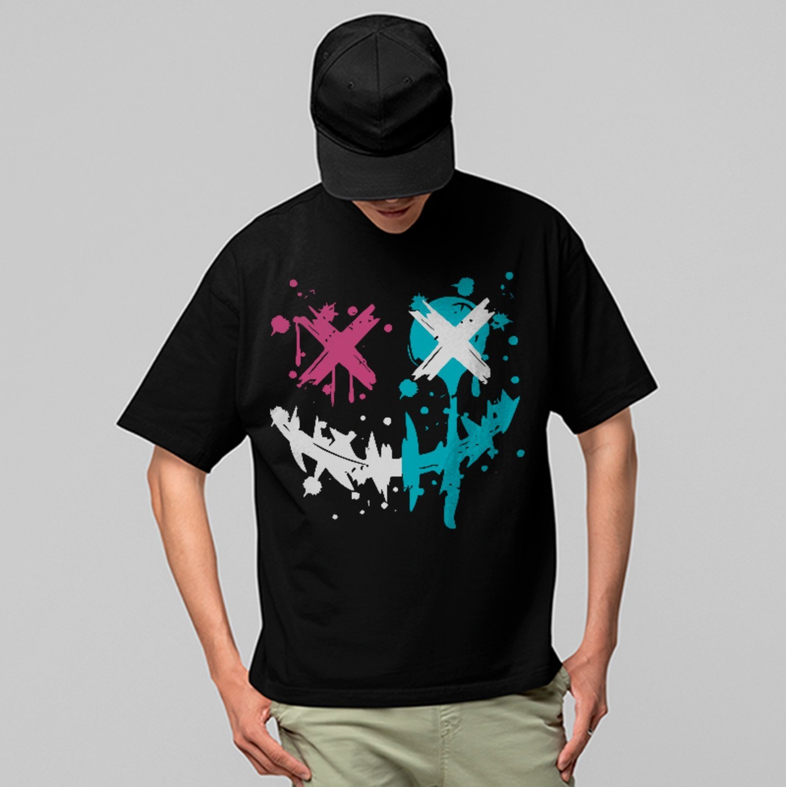 Camiseta Oversized Premium Urban Graffiti Smiley Punk Unissex Preto