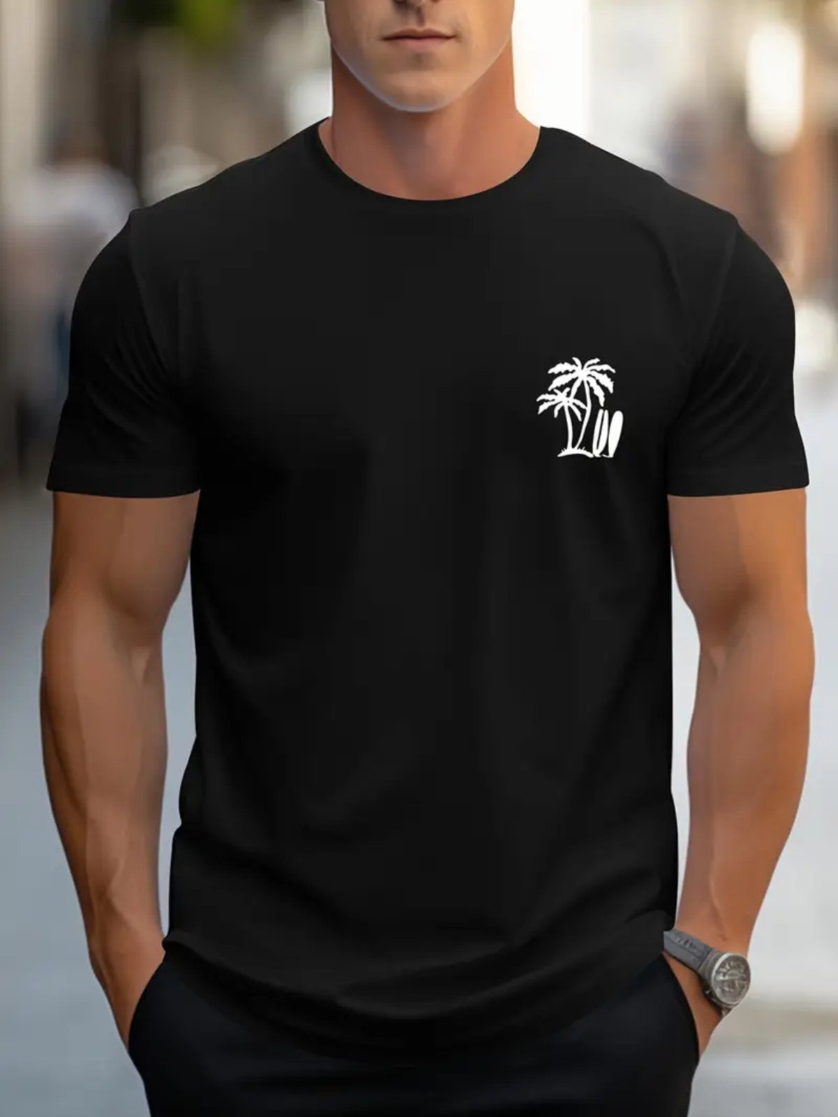 Camiseta Estampada Palmeira Praia Safira Moda Algodão Preto