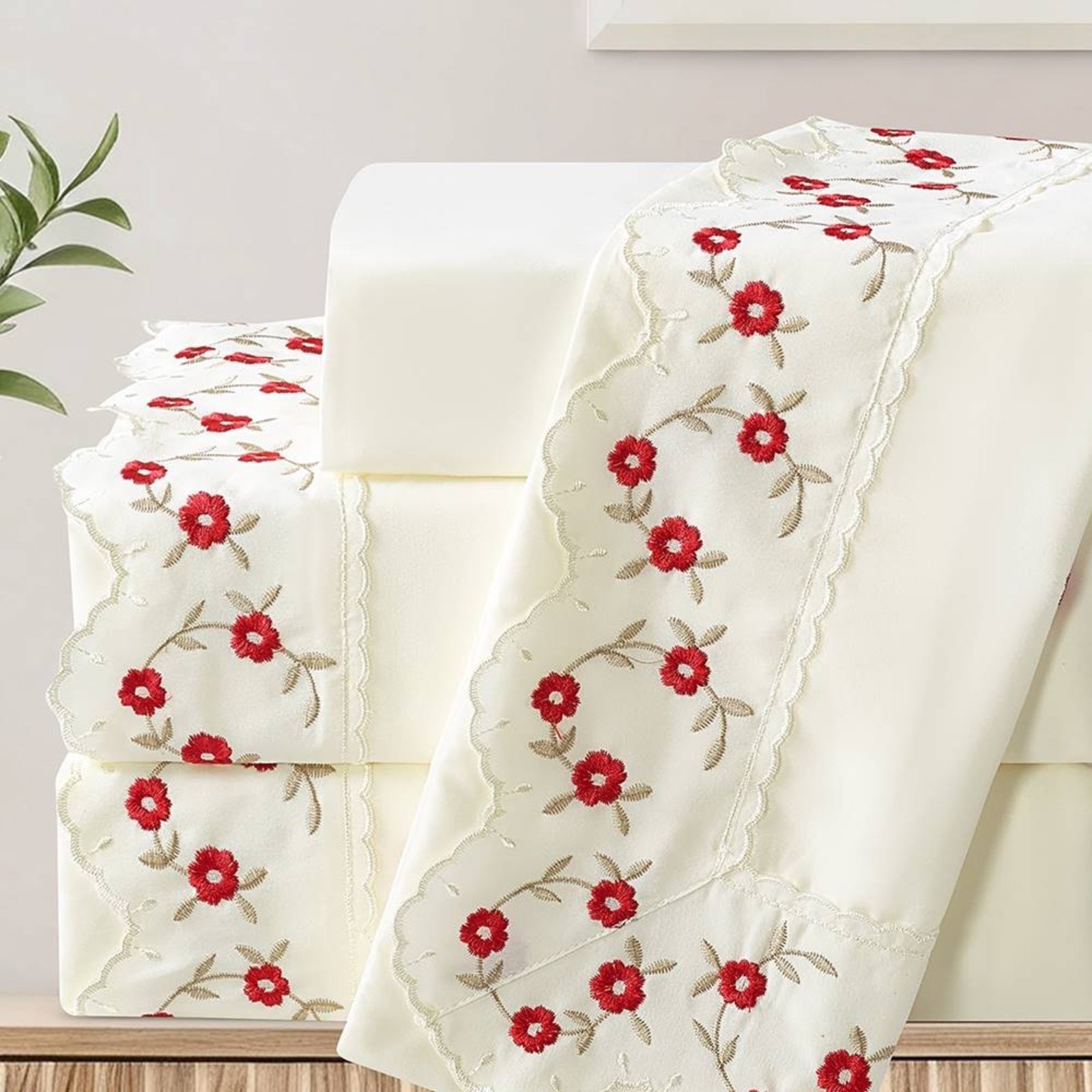 Jogo de Lençol Queen Bordatto Percal 300 Fios Toque de Algodão Flor Vermelho