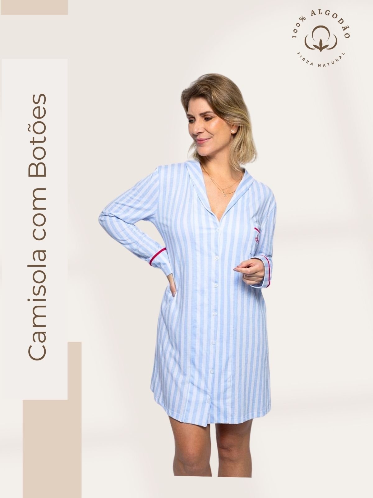 Camisola Algodão Feminina Americana Manga Longa com Botões Inverno Adulto indicado Gestante Amamentação e Pós cirúgico – Listrado Azul