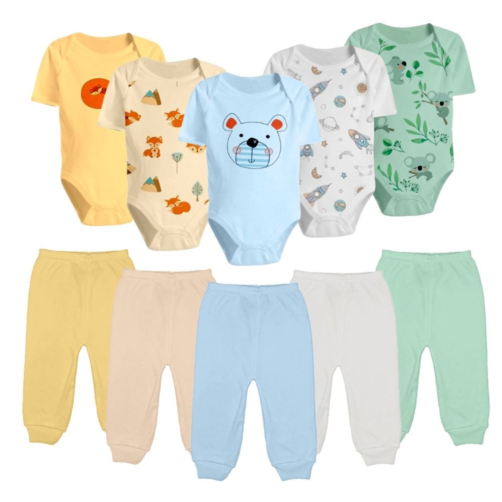 Infantil - Kit 10 Peças Body Manga Curta Estampado e Mijão Algodão Azul