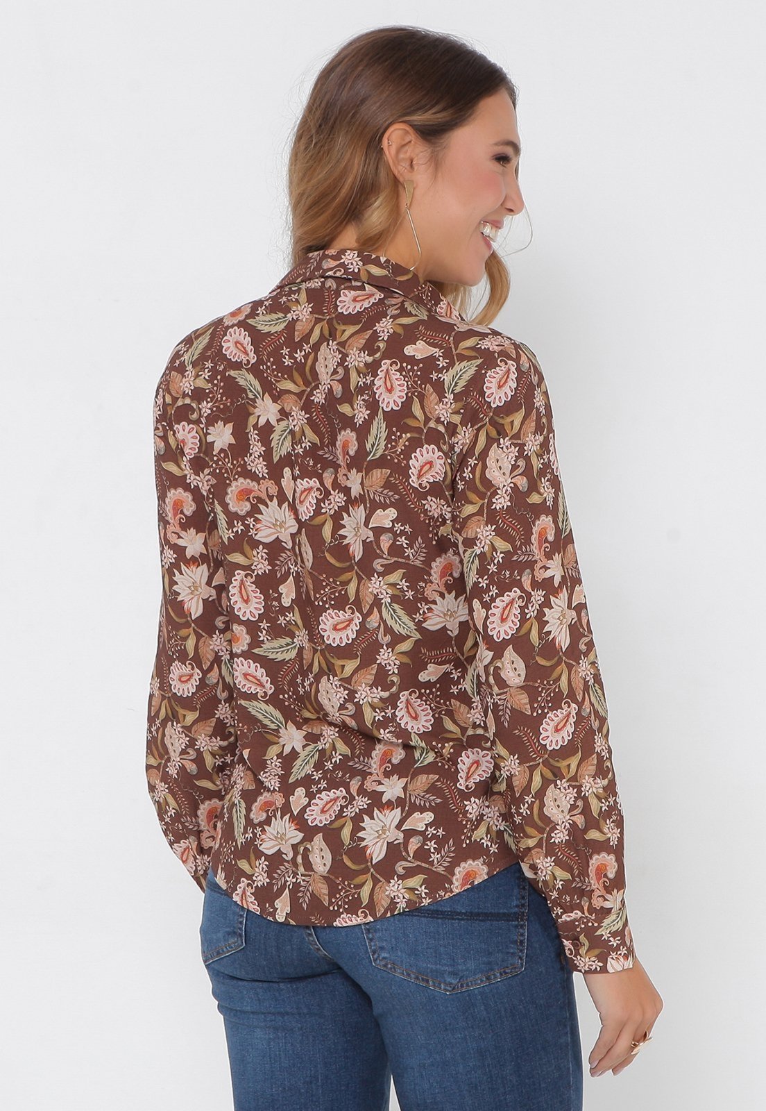 Vista 3 Camisa Intens Manga Longa Viscose Floral marrom Intens marrom