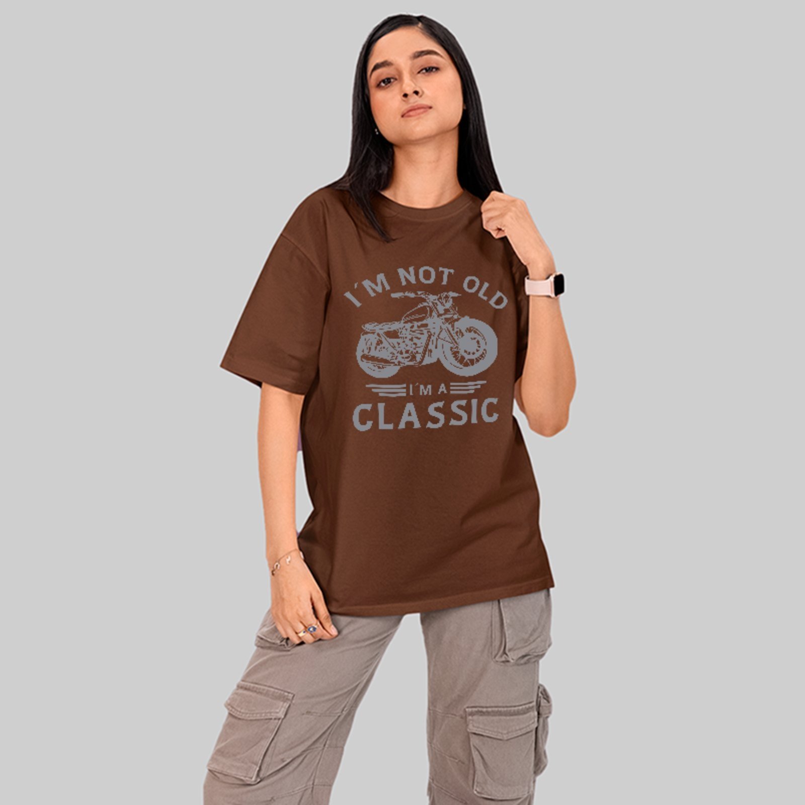 Camiseta Oversized I’m Not Old I’m A Classic Moto Vintage Marrom