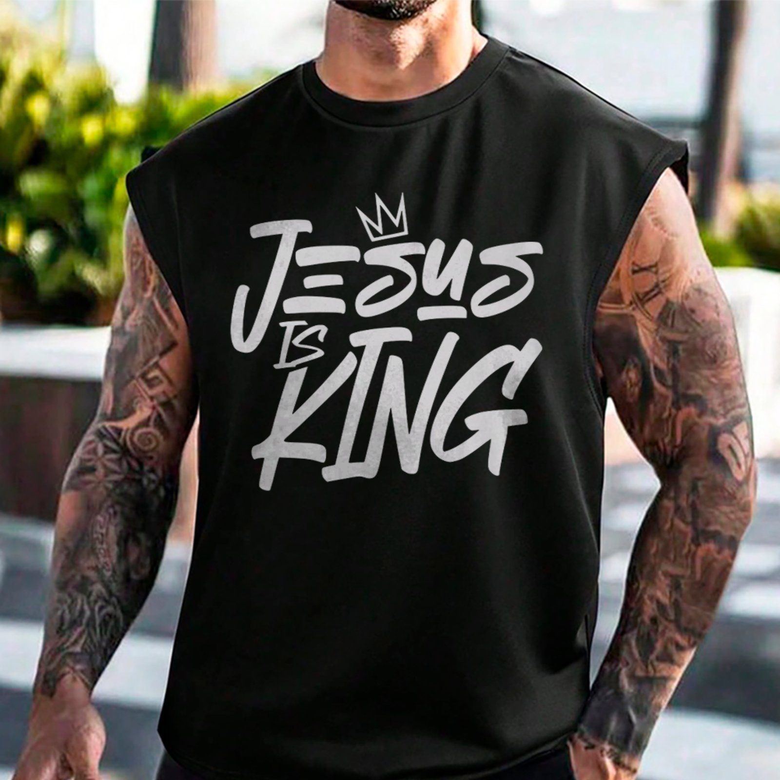 Camiseta Regata Machão Gospel Jesus Is King Fé Cristã Preto