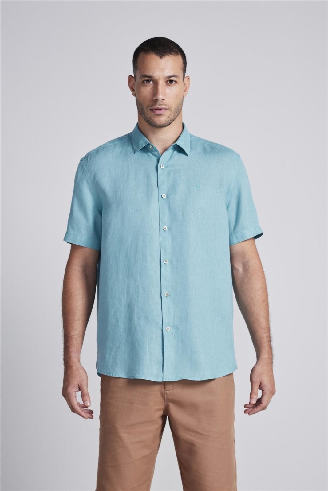 HIGHSTIL Camisa Manga Curta Lisa Linho Comfort - Azul Turquesa