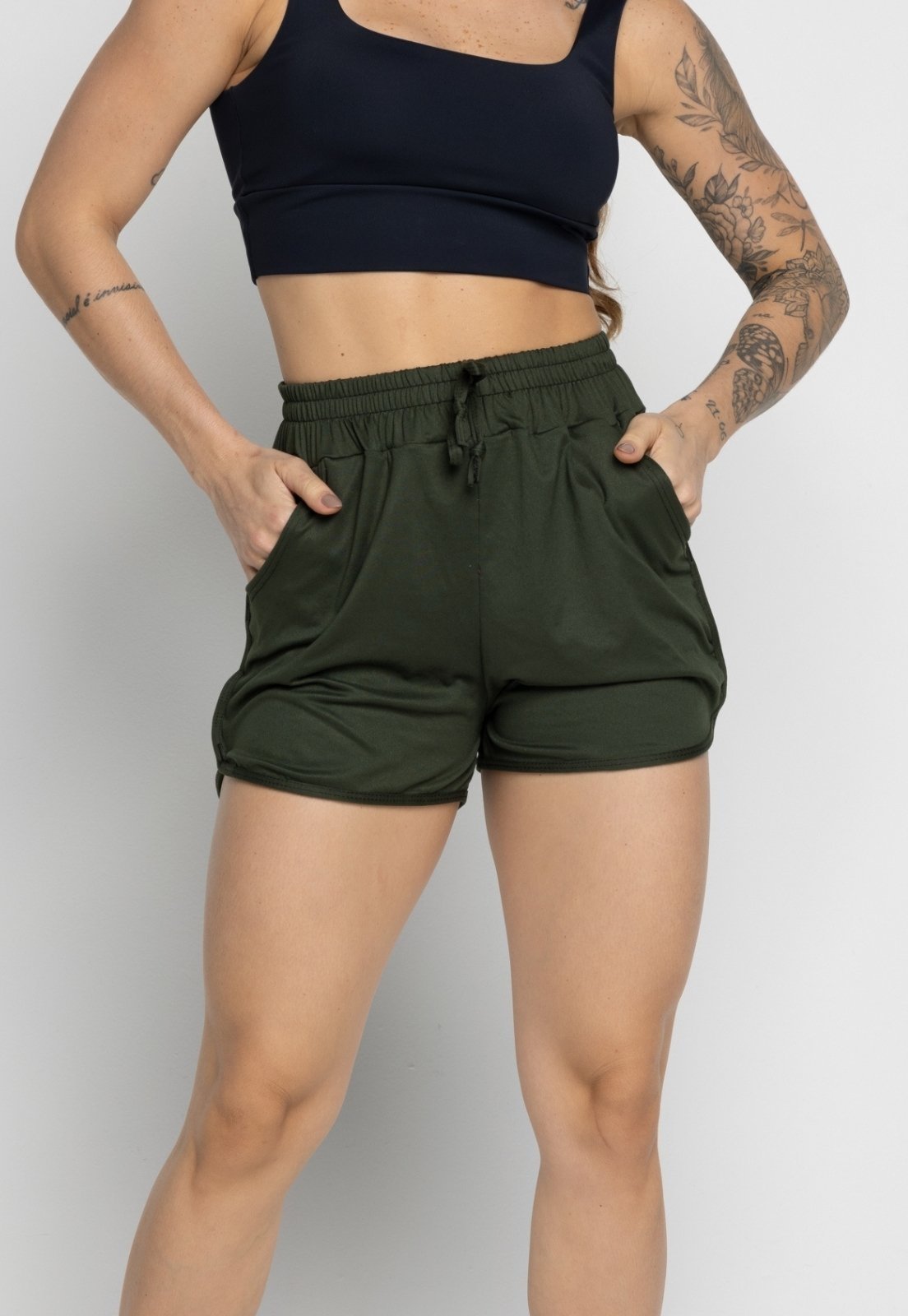 Vista 2 Short Vekyo Com Bolso Feminino Moda Praia Piscina Verão Fitness Escuro verde VEKYO verde