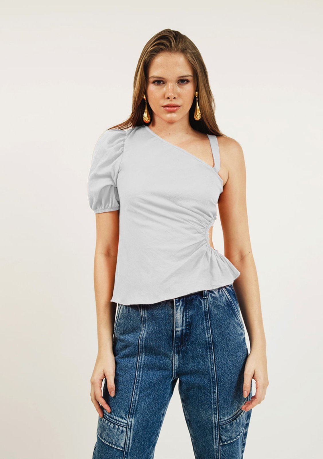 Blusa Zinco Ombro Só Manga Curta Com Franzido Off-white