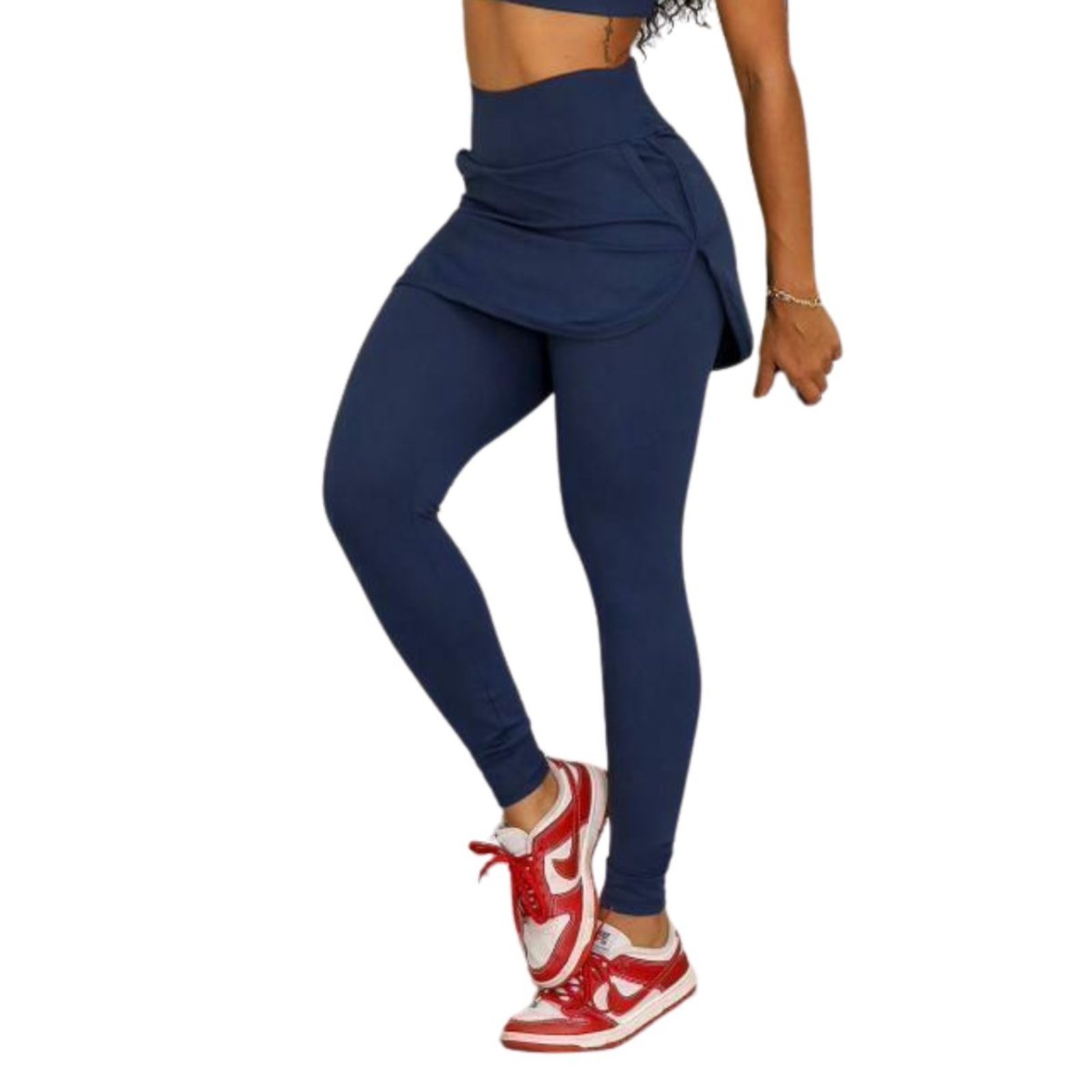 Legging Blackout Vih Triny Com Saia e Bolso Moda Fitness Cintura Alta Marinho Preto