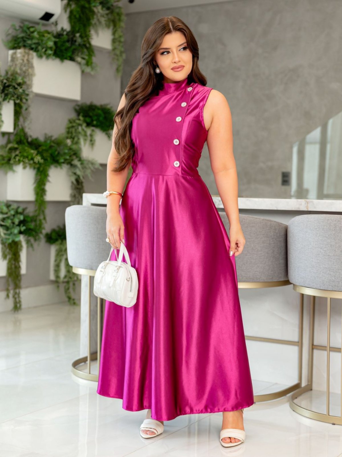 Vestido de Festa Elegante sem Manga em Cetim com Brilho Moda Evangélica Rosa