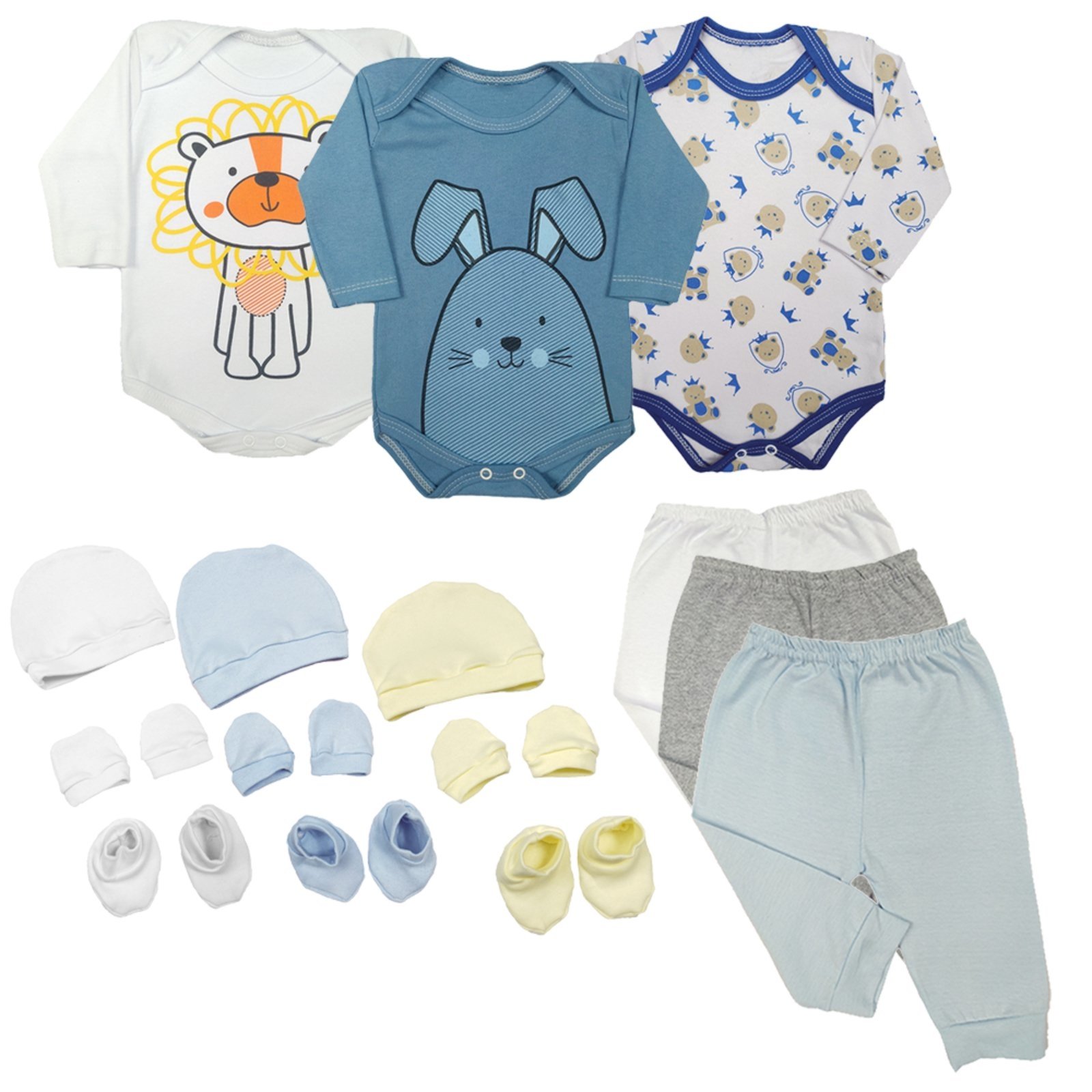 Infantil - Kit 15 Peças Body Manga Longa e Mijão + Acessórios Azul