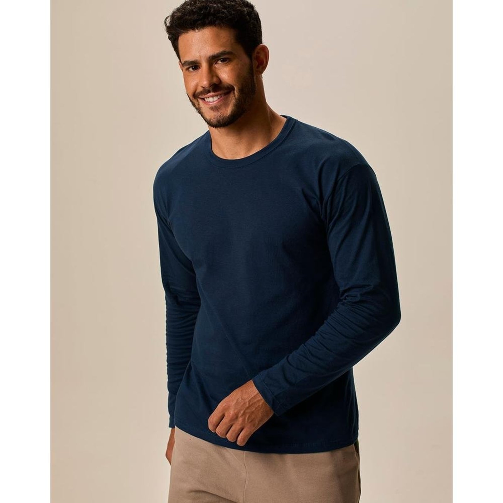 Camiseta Básica Masculina Manga Longa Em Meia Malha