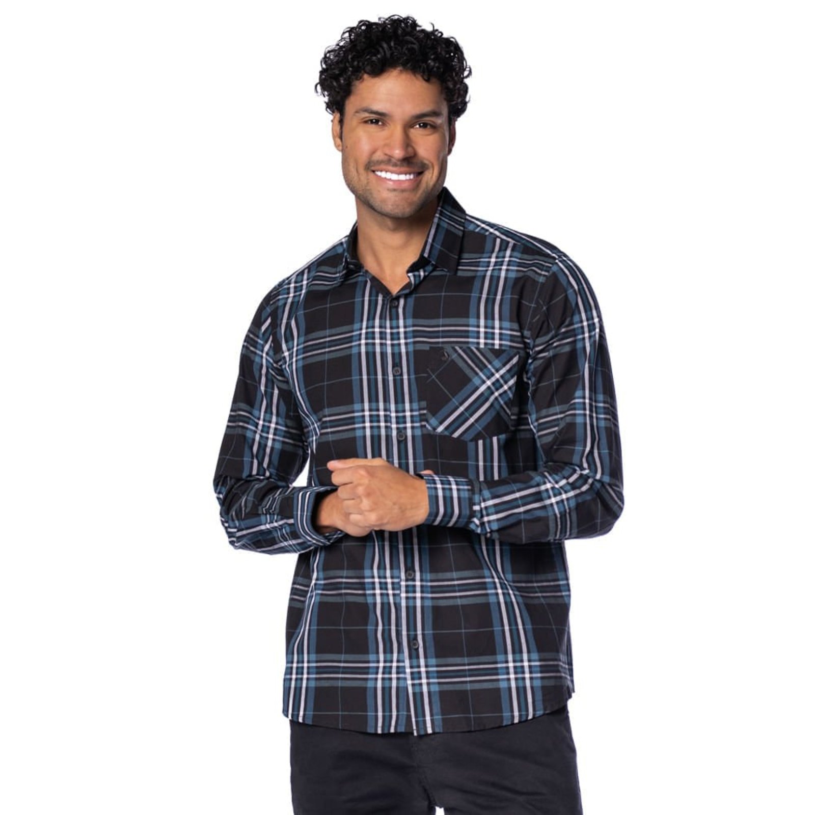 Camisa Masculina Amil Manga Longa Xadrez Preto/Azul
