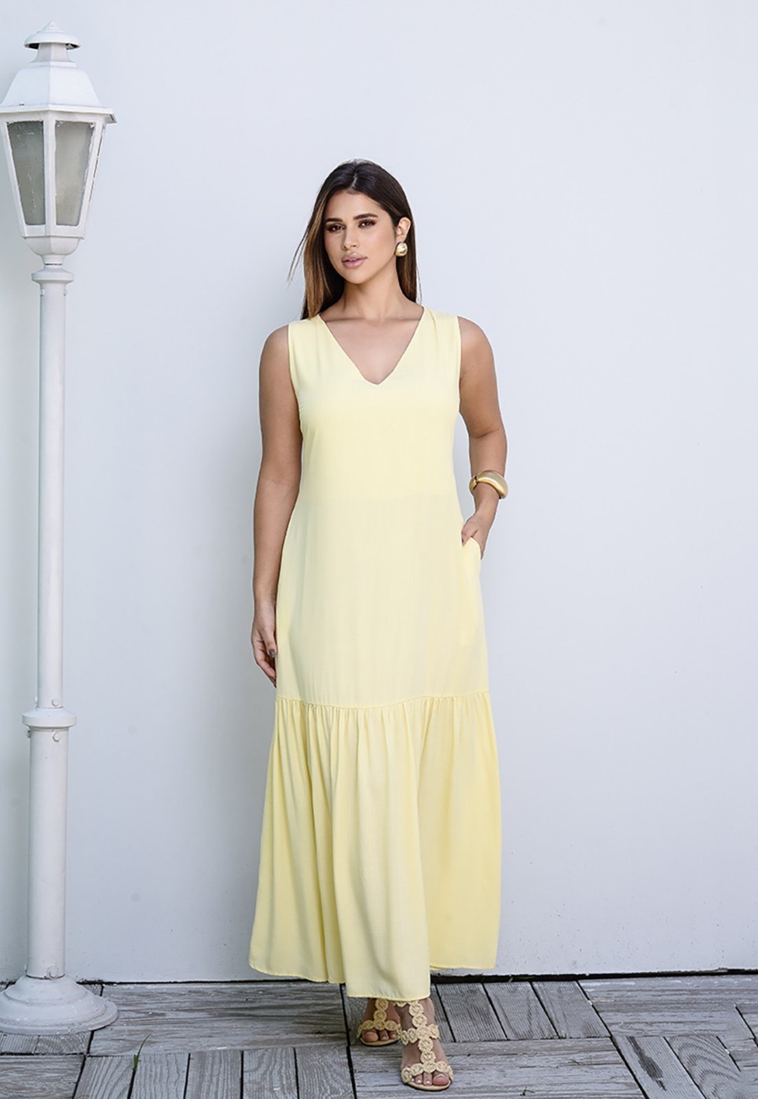Vista 2 Vestido Longo com Barra Franzida BBonnie Isabelly BBonnie amarelo