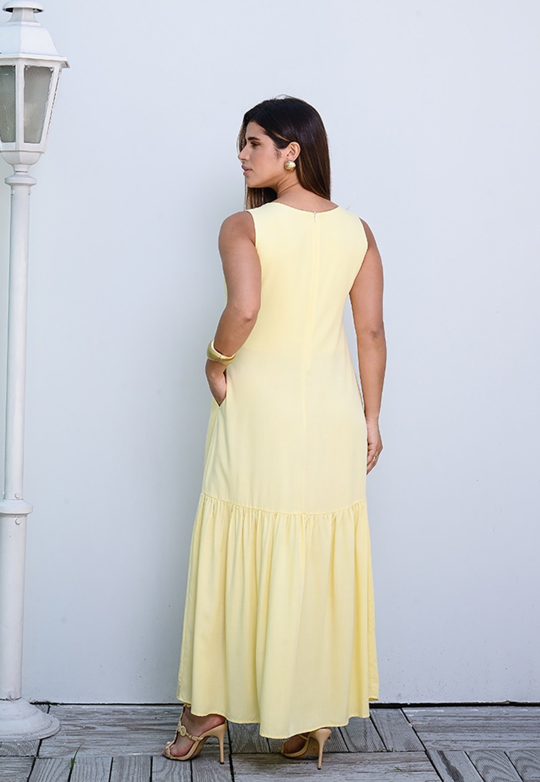 Vista 3 Vestido Longo com Barra Franzida BBonnie Isabelly BBonnie amarelo