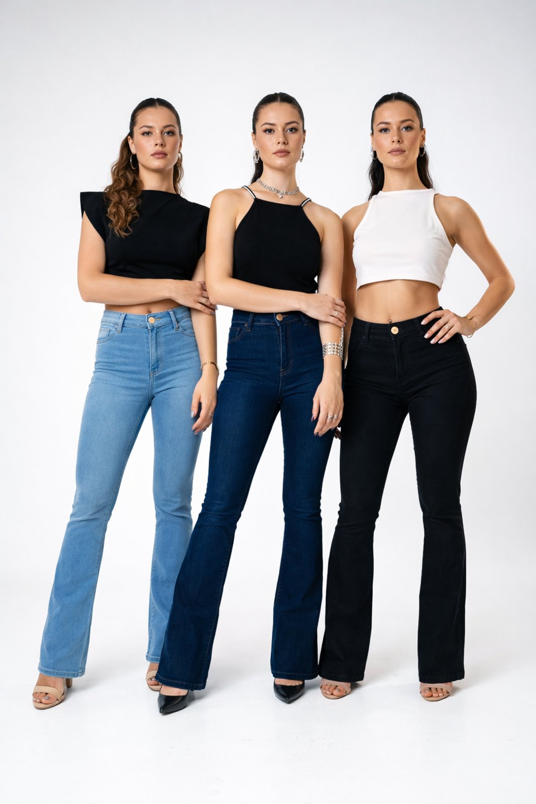 Kit 3 Calças Flare Jeans Feminina Yellow Jeans Azul Claro Azul Escuro Delave Preto Cintura Alta