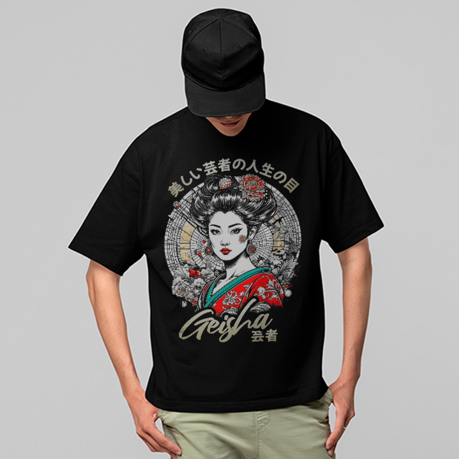 Camiseta Oversized Premium Geisha Arte Oriental Urban Style Unissex Preto