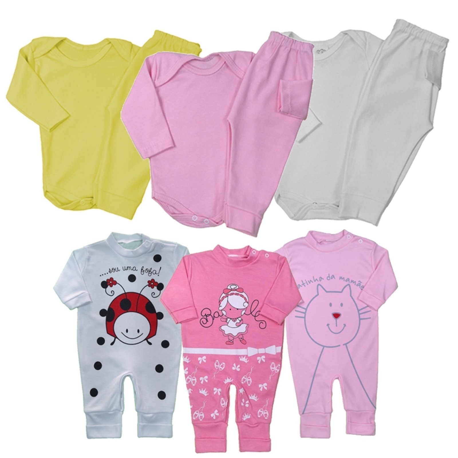 Infantil – Kit 9 Peças Body Manga Longa E Mijão E Macacão Suedine Rosa
