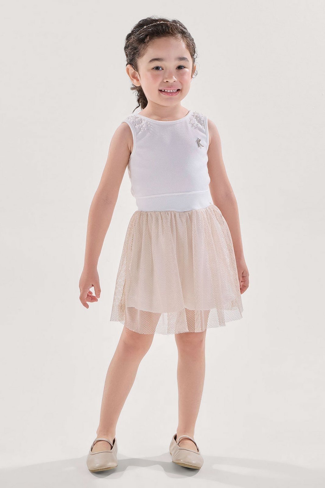 Infantil - Macaquinho Off em Tricot com Saia em Tule