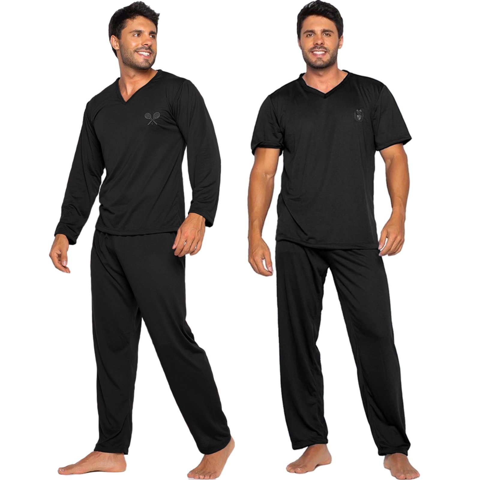 Kit Trajes de Dormir Gabi Lingerie Lisos Poliéster Pijama Masculino Conforto Manga Curta e Manga Longa Preto