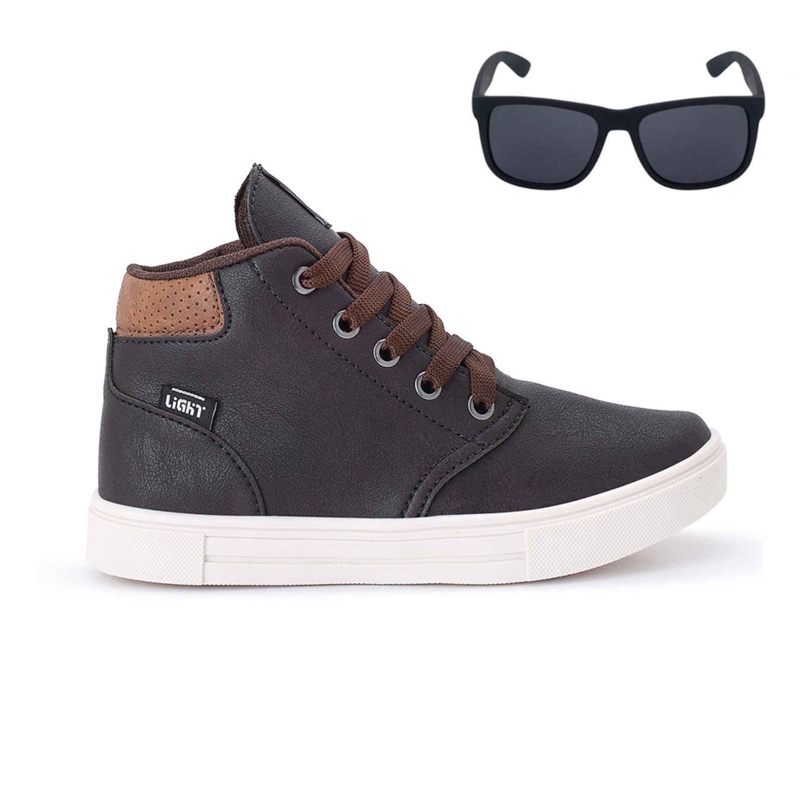 Infantil – Tenis Botinha Meninos Casual Cano Alto Confortavel + Oculos Café
