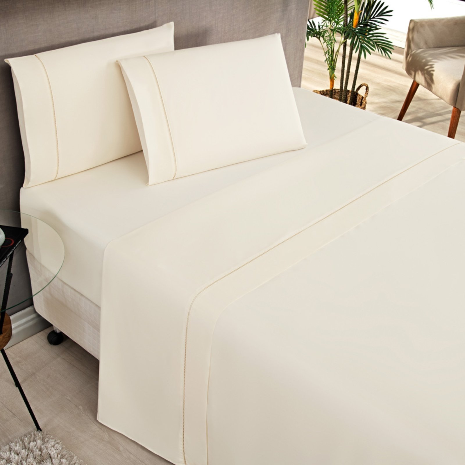 Jogo Cama Lençol Casa Scarpa Home Basic Solteiro 180 Fios c/ Ponto Palito 3 Peças - Palha
