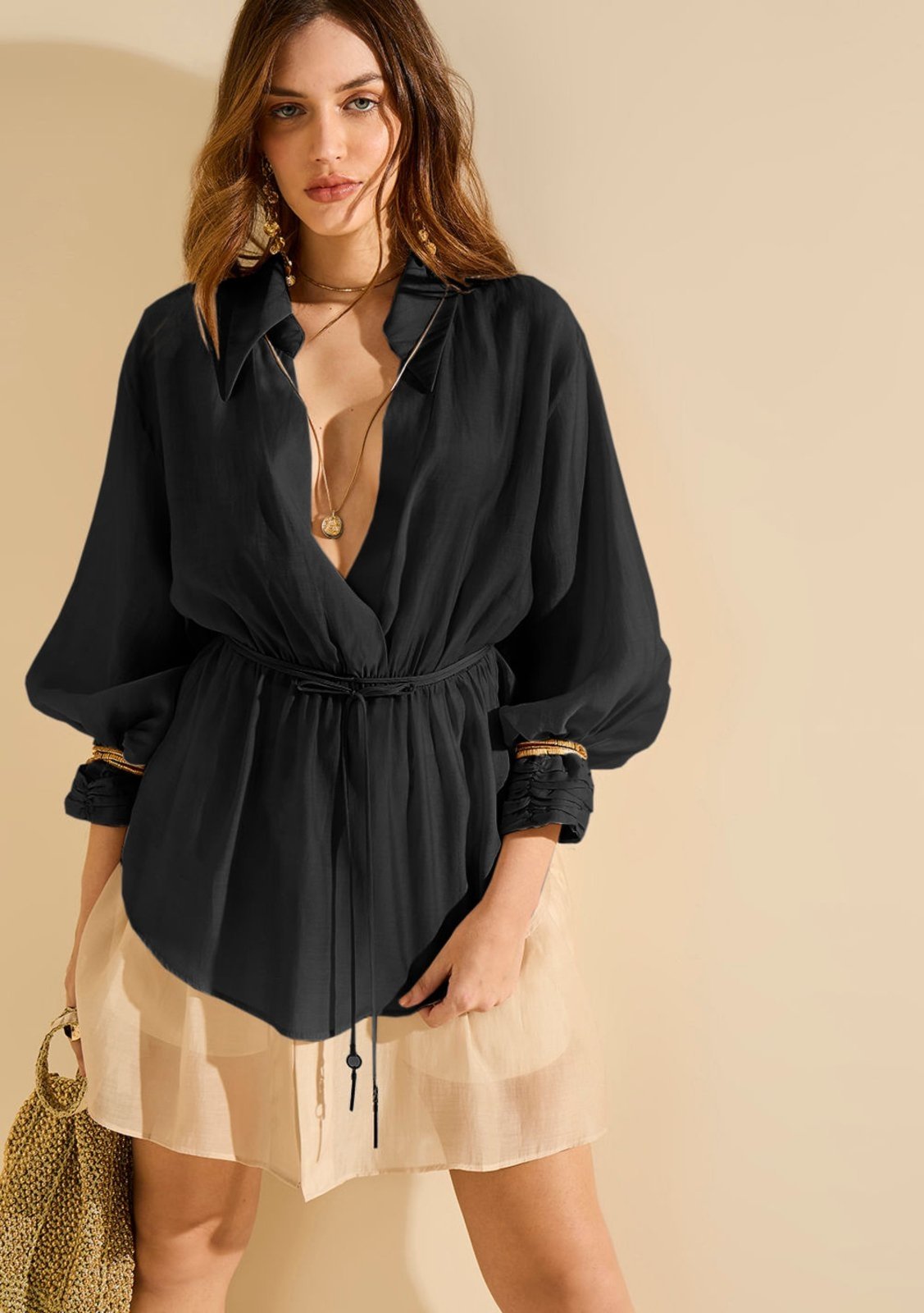 Blusa Morena Rosa Solta Decote Transpassado Manga 7 Oitavos Padrão Preto