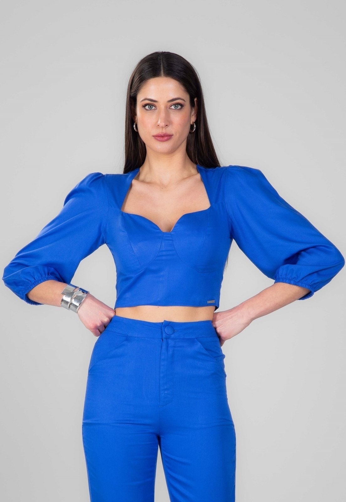 Vista 2 Blusa Cropped Traymon Manga 3/4 Bufante laranja Traymon laranja