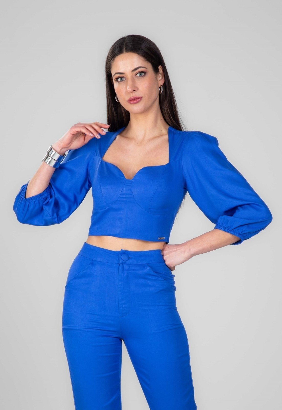 Vista 3 Blusa Cropped Traymon Manga 3/4 Bufante laranja Traymon laranja