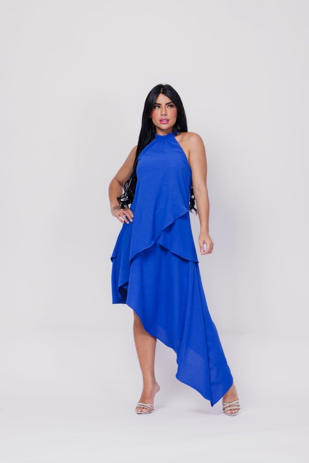 Vestido Midi Decote Americano Assimetíco Môny AZUL